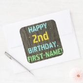 Faux hout, Tekstweergave, tweede verjaardag + naam Vierkante Sticker (Envelop)