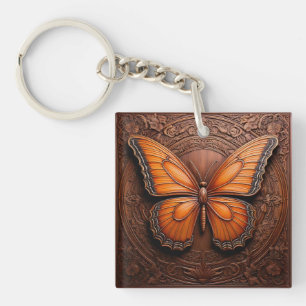Faux houten vlinder in reliëf sleutelhanger