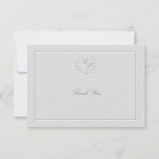 Faux in reliëf nautisch anker ivoor formele bruilo bedankkaart (Voorkant)