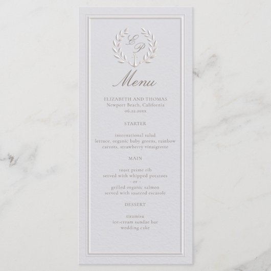 Faux in reliëf nautisch anker ivoor formele bruilo menu (Voorkant)