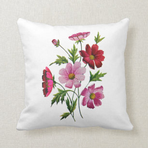 Faux Ingeborduurd Roze en Rode Bloemen Pillow Kussen