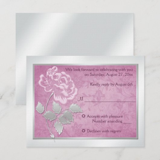 FAUX Ingegraveerde roze pony op de Silver Reply Ca RSVP Kaartje (Voorkant / Achterkant)