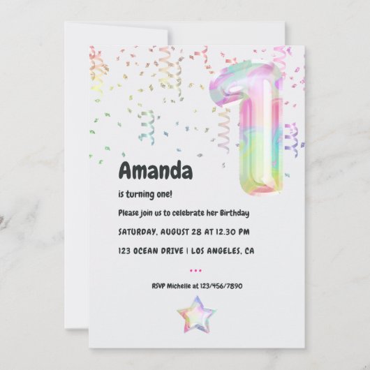 Faux Iridescent Balloon 1e verjaardag Uitnodiging (Voorkant)