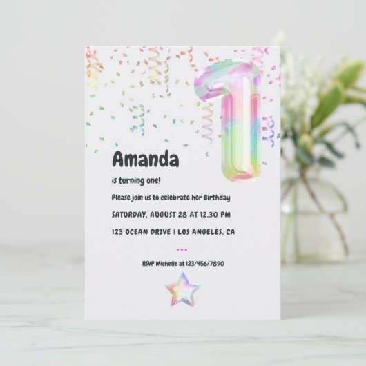 Faux Iridescent Balloon 1e verjaardag Uitnodiging (Staand voorkant)