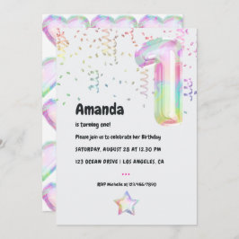 Faux Iridescent Balloon 1e verjaardag Uitnodiging