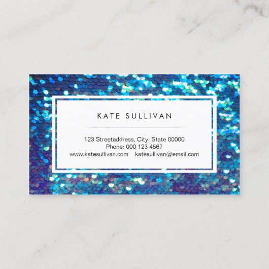 faux iridescent effect mermaid blue sequentie visitekaartje (Achterkant)