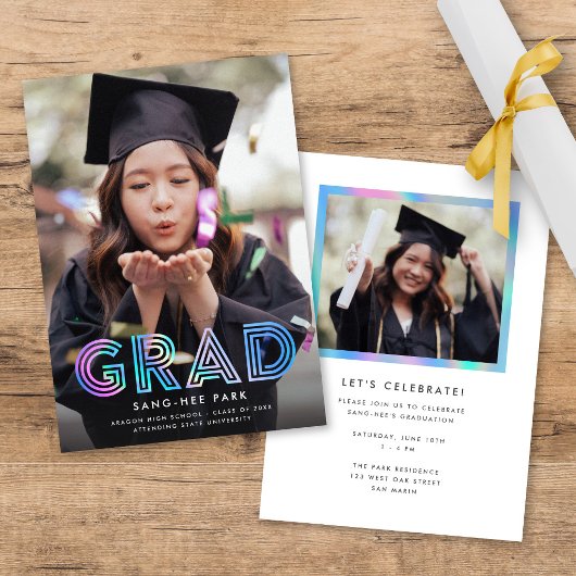 Faux Iridescent Retro Afstudeerder foto Afstudere Aankondiging