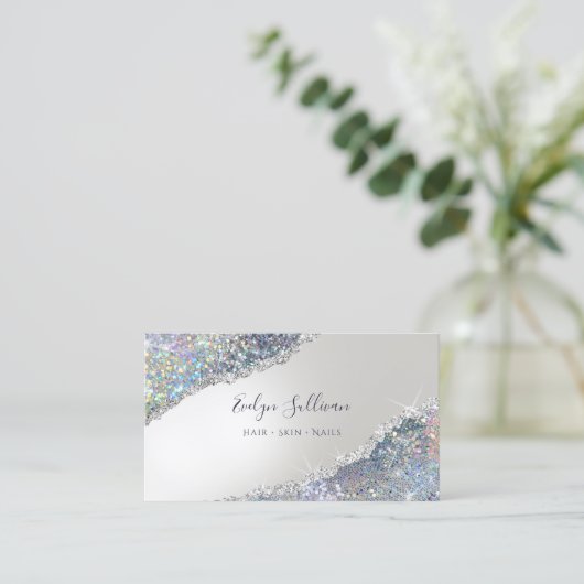 Faux Iridescent Silver Glitter Visitekaartje (Staand voorkant)