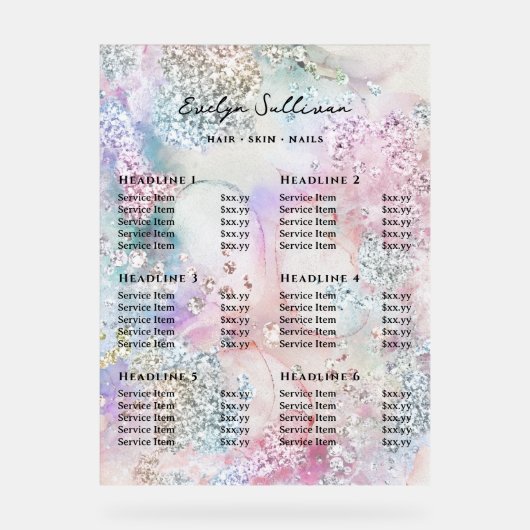 Faux Iridescent Waterverf Glitter prijslijst Acryl Bord (Voorkant)