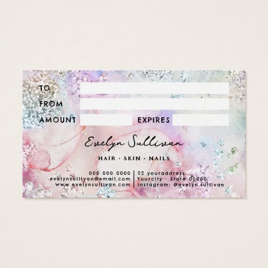 Faux iriserende glitter waterverf cadeaubon visitekaartje (Achterkant)