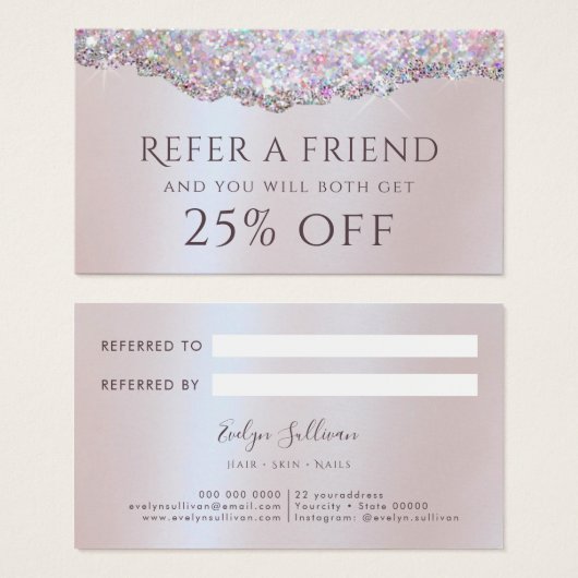 Faux iriserende roze glitter folie verwijzingskaar visitekaartje (Voorkant /achterkant)