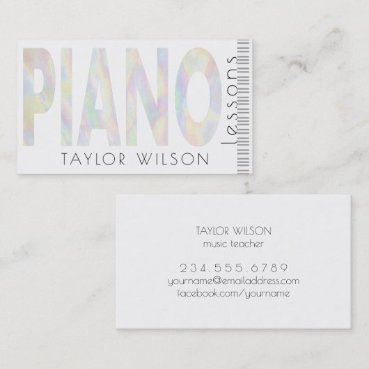 FAUX iriserende shell script piano muziekleraar Visitekaartje (Voorkant / Achterkant)