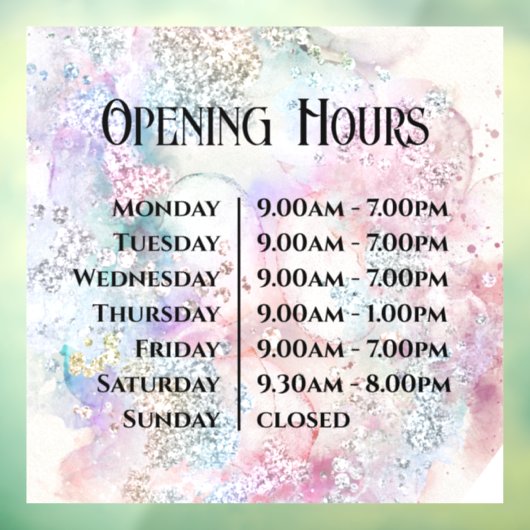 Faux iriserende Waterverf Glitter Openingstijden Raamsticker (Vel 3)