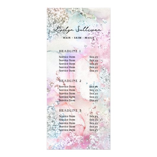 Faux iriserende waterverf glitter prijslijst reclamekaart (Voorkant)