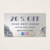 Faux iriserende zilveren glitter kortingskaart visitekaartje (Achterkant)
