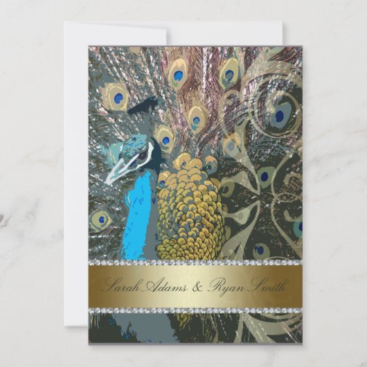 Faux Jewel & Elegant Peacock Wedding Invitation Kaart (Voorkant)