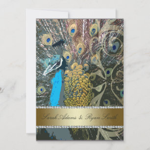 Faux Jewel & Elegant Peacock Wedding Invitation Kaart