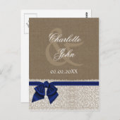 FAUX jute, marineblauw en witte kant Dank u Briefkaart (Voorkant / Achterkant)