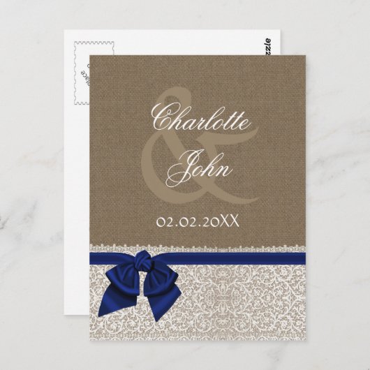 FAUX jute, marineblauw en witte kant Dank u Briefkaart (Voorkant / Achterkant)