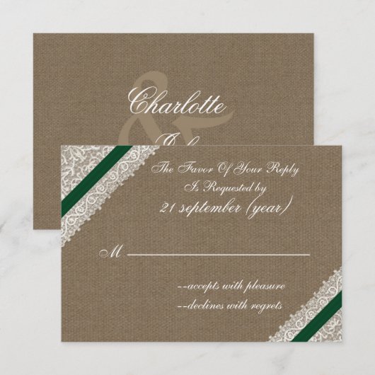 FAUX jute met smaragdgroene rsvp 3,5 x 5 Kaartje (Voorkant / Achterkant)