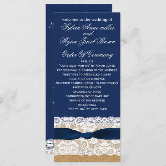 FAUX jute, rustieke bruiloft programma's thee leng (Voorkant / Achterkant)