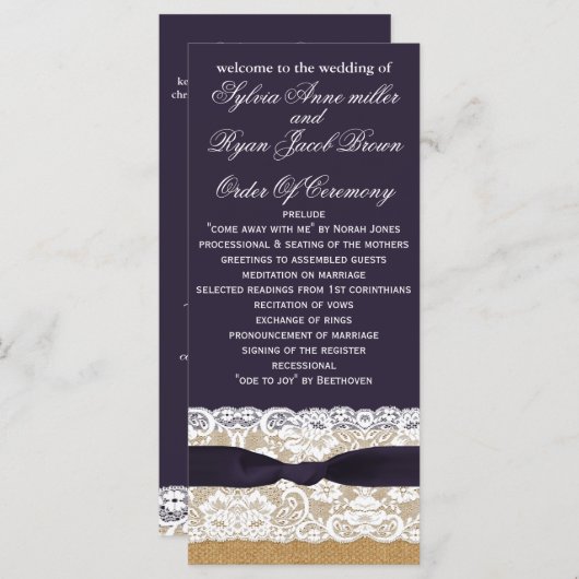 FAUX jute, rustieke bruiloft programma's thee leng (Voorkant / Achterkant)