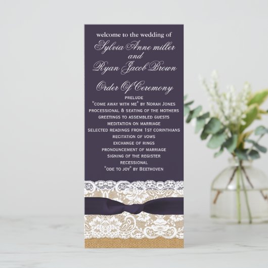 FAUX jute, rustieke bruiloft programma's thee leng (Staand voorkant)