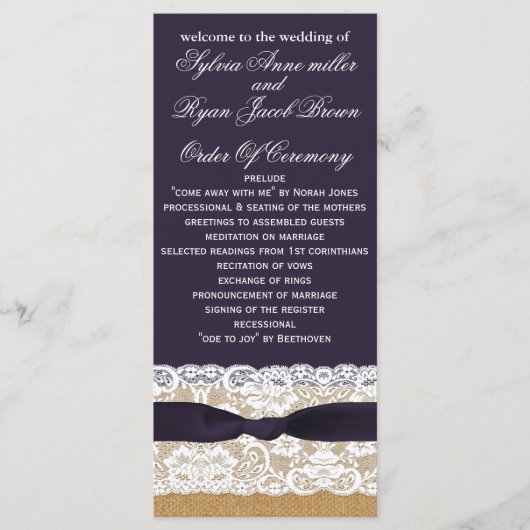 FAUX jute, rustieke bruiloft programma's thee leng (Voorkant)