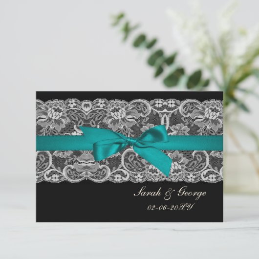 Faux kant en lint aqua, zwart 3,5 x 5 rsvp (Staand voorkant)