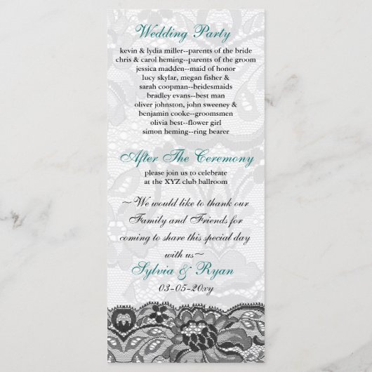 Faux kant en lint aqua, zwarte bruiloft programma' programmakaart (Achterkant)