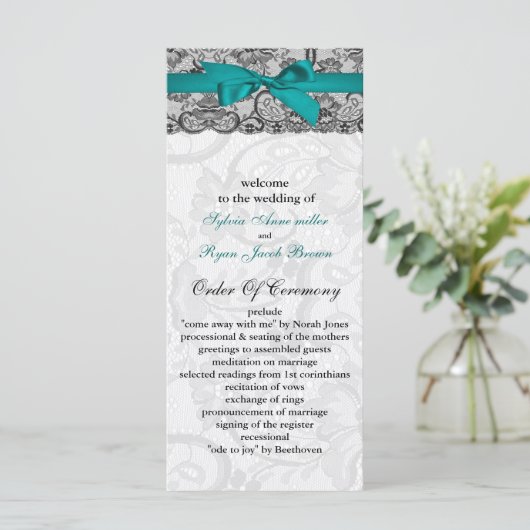 Faux kant en lint aqua, zwarte bruiloft programma' programmakaart (Staand voorkant)