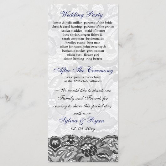 Faux kant en lint marine blauwe bruiloft programma programmakaart (Achterkant)