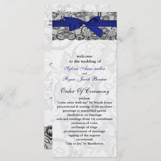 Faux kant en lint marine blauwe bruiloft programma programmakaart (Voorkant / Achterkant)