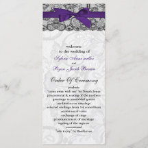 Faux kant en lint paarse zwarte bruiloft programma