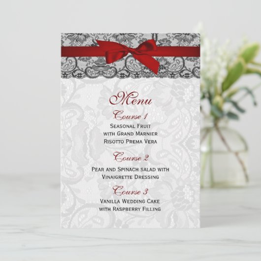Faux kant en lint rood, zwart bruiloft Menu (Staand voorkant)