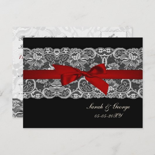 Faux kant en lint rood, zwart bruiloft rsvp uitnodiging briefkaart (Voorkant / Achterkant)