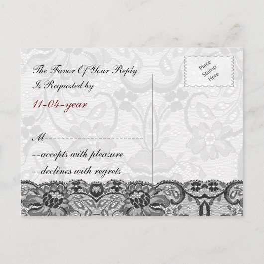 Faux kant en lint rood, zwart bruiloft rsvp uitnodiging briefkaart (Achterkant)