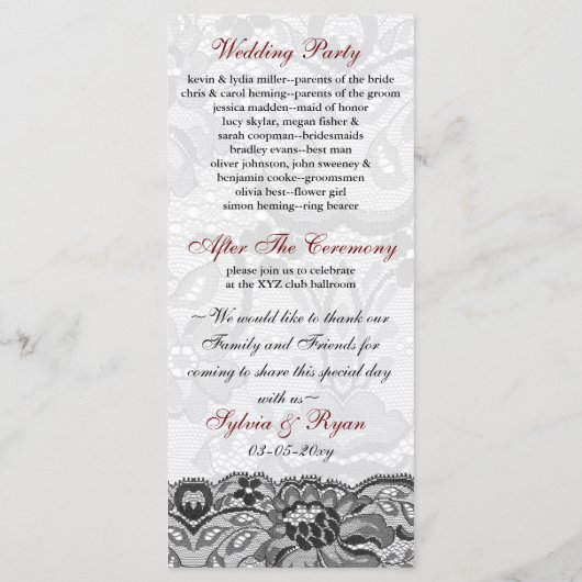 Faux kant en lint rood, zwarte bruiloft programma' programmakaart (Achterkant)