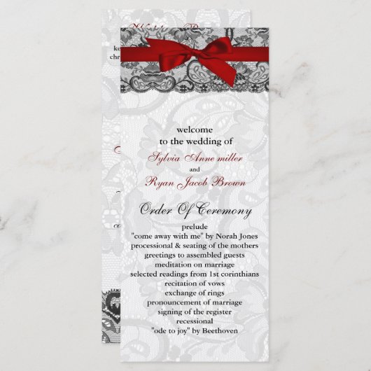 Faux kant en lint rood, zwarte bruiloft programma' programmakaart (Voorkant / Achterkant)