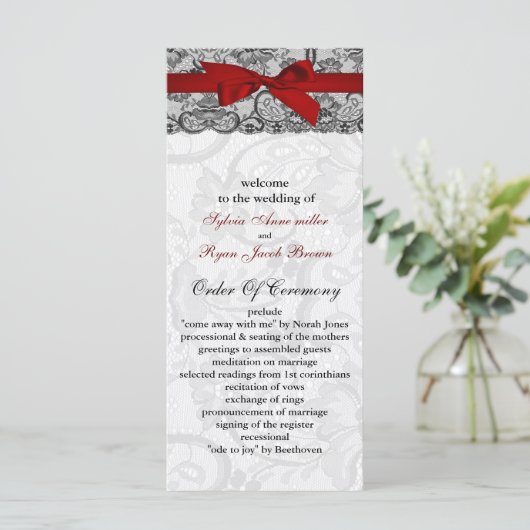 Faux kant en lint rood, zwarte bruiloft programma' programmakaart (Staand voorkant)