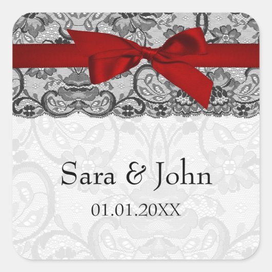 Faux kant en lint rood, zwarte envelop afdichtinge vierkante sticker (Voorkant)