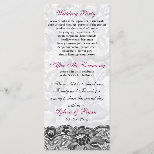 Faux kant en lint roze, zwarte bruiloft programma' programmakaart (Achterkant)