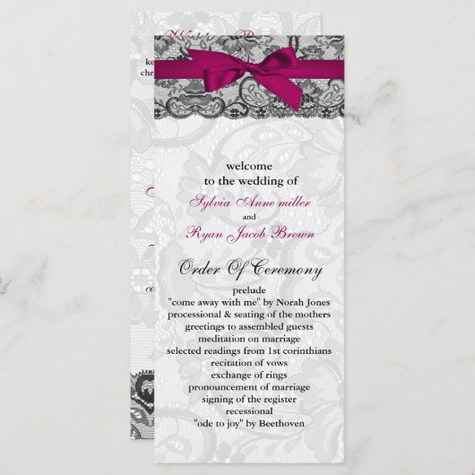 Faux kant en lint roze, zwarte bruiloft programma' programmakaart (Voorkant / Achterkant)