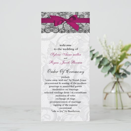Faux kant en lint roze, zwarte bruiloft programma' programmakaart (Staand voorkant)