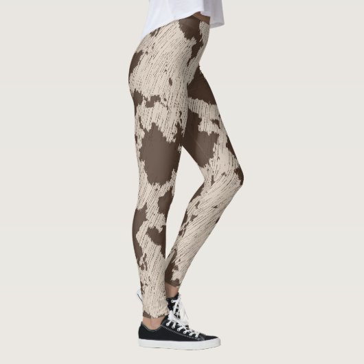 Faux Koe Print, bruin en crème Leggings (Rechts)