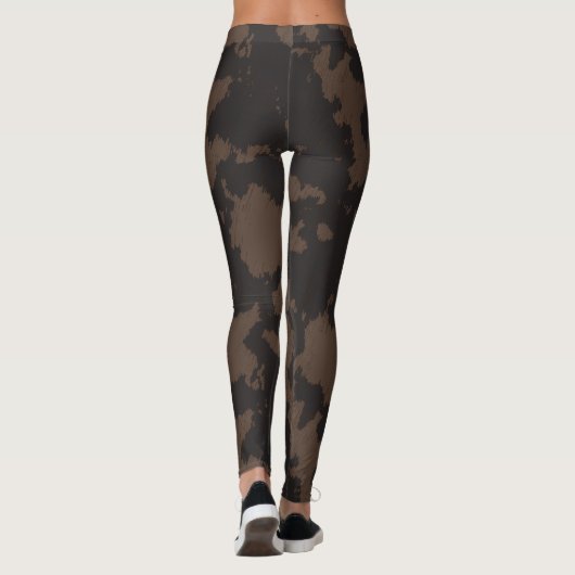 Faux Koe Print, donkerbruin en bruin Leggings (Achterkant)