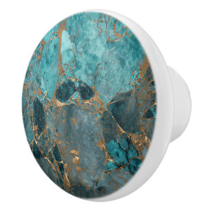 Faux koperen druppels over blauwgroen kleur achter keramische knop