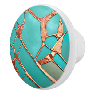 Faux koperen lijnen over blauwgroen kleur achtergr keramische knop