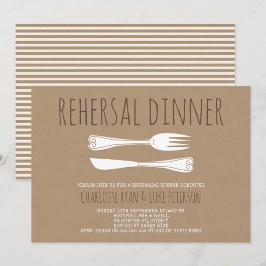 Faux Kraft Cutlery Rehearsal Dinner Invitation Kaart (Voorkant / Achterkant)
