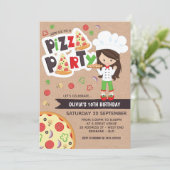Faux Kraft Girl Pizza Party Birthday Invitation Kaart (Staand voorkant)